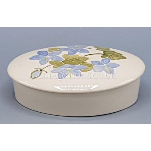 66 - MOORCROFT 13cm x 9cm OVAL LIDDED BOX IN THE CAMPANULA DESIGN ON CREAM GROUND