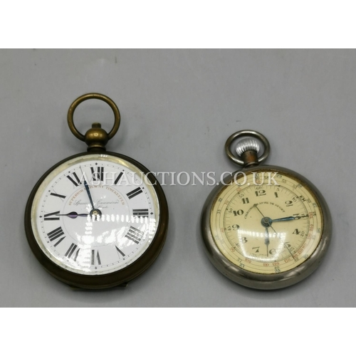 66 - PRESENTED AS SUPERIOR RAILWAY TIMEKEEPER POCKET WATCH TOGETHER WITH  A FRENCH SPORTS CHRONOGRAPH POC... 