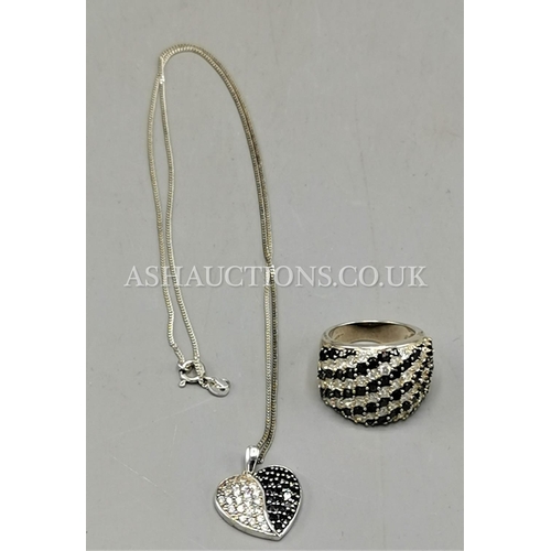 45 - PRESENTED AS A SILVER (925) BLACK & WHITE STONE SET NECKLACE & RING