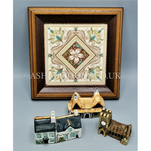 598 - CERAMIC COTTAGES (3)  TOGETHER WITH A FRAMED TILED TRAY