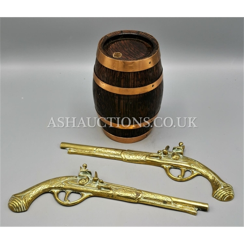 608 - OAK BARREL & PAIR BRASS PISTOLS