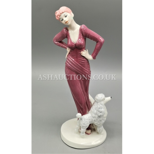 10 - RODIN CHINA Co Large 24cm ART DECO STYLE FIGURINE OF A LADY WITH HER DOG (Signed By Designer Di Kaye... 