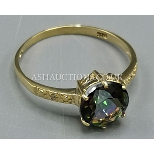 19 - PRESENTED AS A 9ct GOLD MYSTIC TOPAZ & DIAMOND STONE SET RING