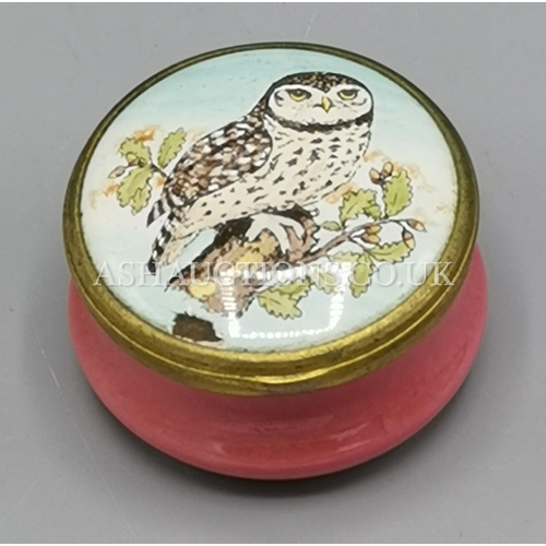 165 - BILTON AND BATTERSEA ENAMEL TRINKET BOX WITH SNOWY OWL DESIGN