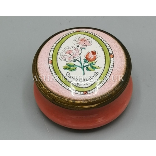 166 - BILTON AND BATTERSEA ENAMEL TRINKET BOX WITH QUEEN ELIZABETH ROSE DESIGN