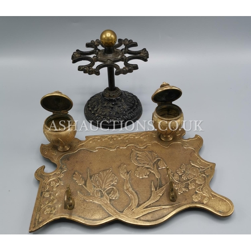 205 - BRASS VICTORIAN INK STAND TOGETHER WITH A STAMP HOLDER