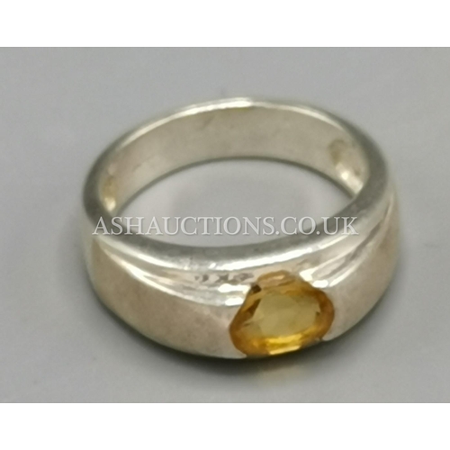 247 - PRESENTED AS A SILVER YELLOW CITRINE STONE SET BAND RING (Fully Hallmarked For Birmingham)