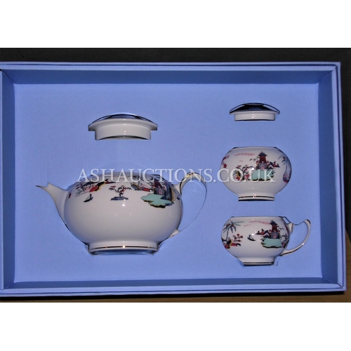 322 - WEDGWOOD CHINA  TEAPOT, CREAM & SUGAR IN THE BLUE PAGODA DESIGN (Original Box)