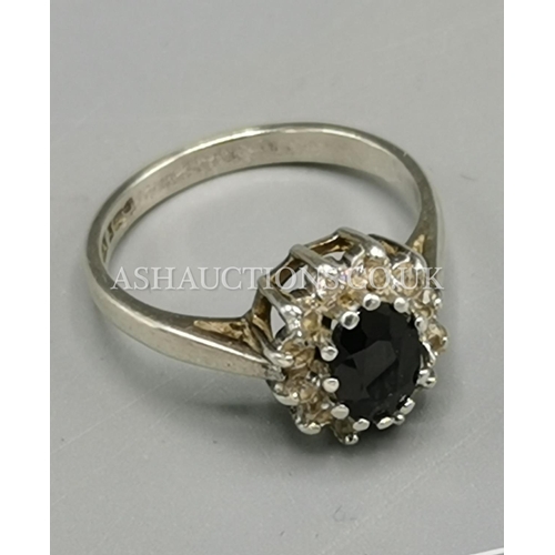 383 - PRESENTED AS A SILVER SAPPHIRE & WHITE STONE SET RING (Hallmarked For Birmingham)