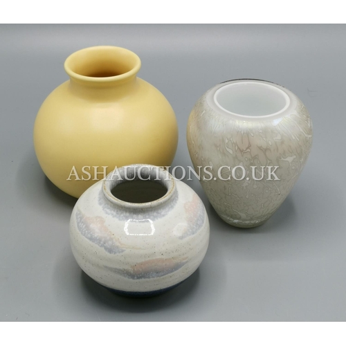 412 - POOLE POTTERY VASE PLUS A ROYAL BRIERLEY ART GLASS VASE PLUS A PHILIP GARDINER STUDIO POTTERY VASE