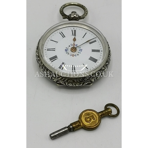 114 - PRESENTED AS A SILVER SWISS FOB WATCH With KEY (Hallmarked 0.800) DECORATION TO SIDE AND BACK INNER ... 