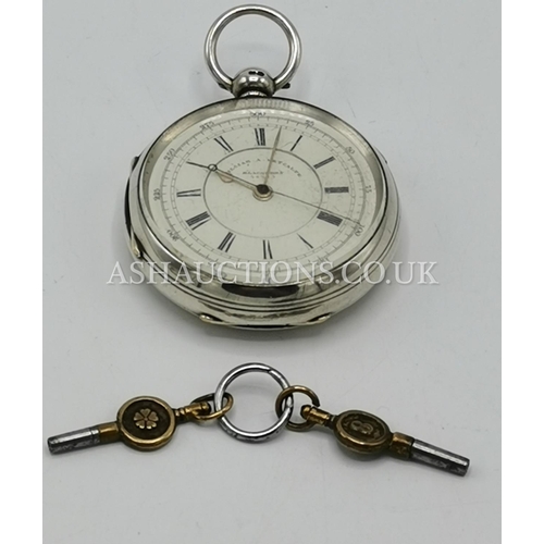 115 - PRESENTED AS A SILVER CHRONOGRAPH POCKET WATCH With TWO KEYS (Hallmarked For Chester 1890) (Maker J.... 