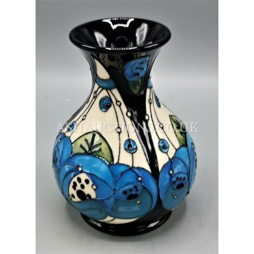 233 - MOORCROFT 15cm VASE (Shape No M1/6) IN THE RENNIE ROSE BLUE DESIGN By Designer Rachel Bishop BA (Hon... 