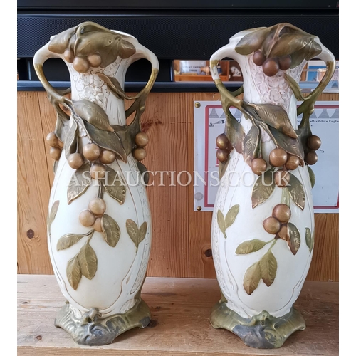 1168 - ROYAL DUX Large 45.5cm  VASES (2) DECORATED WITH GRAPE AND VINE (Pink Lozenge)   (Please Note This L... 