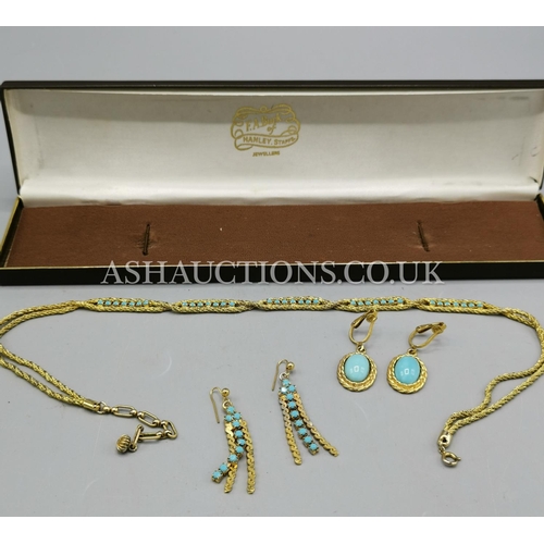 693 - TURQUOISE SET OF BASE METAL NECKLACE & TWO PAIRS OF EARRINGS Stamped EXQUISITE. c1950s (Boxed)