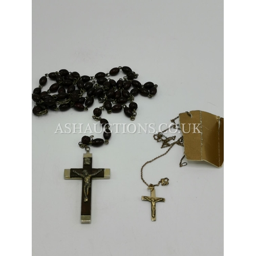 762 - PRESENTED AS A ROLLED GOLD CROSS PENDANT TOGETHER WITH ORIGINAL ROSEMARY BEADS & CROSS PENDANT