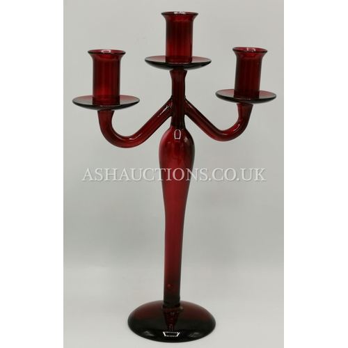 796 - RUBY GLASS 34cm THREE BRANCH CANDELABRA   (Please Note This Lot WILL NOT BE PACKED OR POSTED...PICK ... 