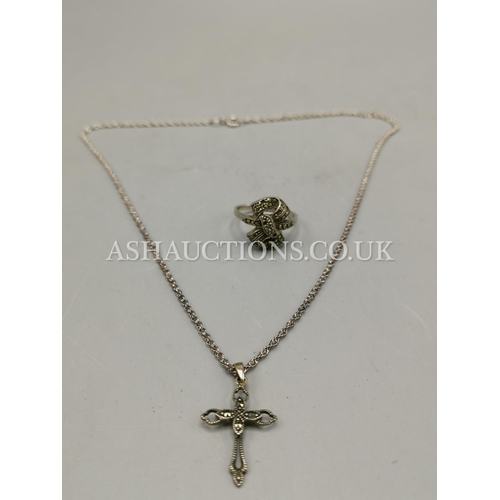 903 - PRESENTED AS A SILVER NECK CHAIN With MARCASITE CRUCIFIX PENDANT (Both Stamped 925) TOGETHER WITH A ... 