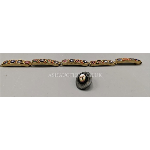 909 - BRASS MOUNTED MICROMOSAIC BRACELET, TOGETHER WITH A BROOCH IN A PEWTER MOUNT