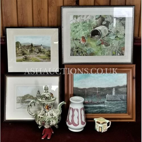 233 - WATERCOLOURS,OILS And PRINTS ,POTTERY,LIMOGES Large LAMP BASE And A SAILOR MAN DOLL(Please Note This... 