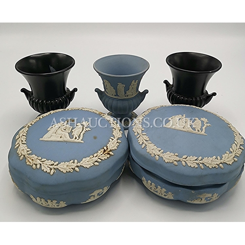 337 - WEDGWOOD JASPER WARE Small VASES (3) (One Blue,Two Black) Plus WEDGWOOD TRINKET BOXES (2)