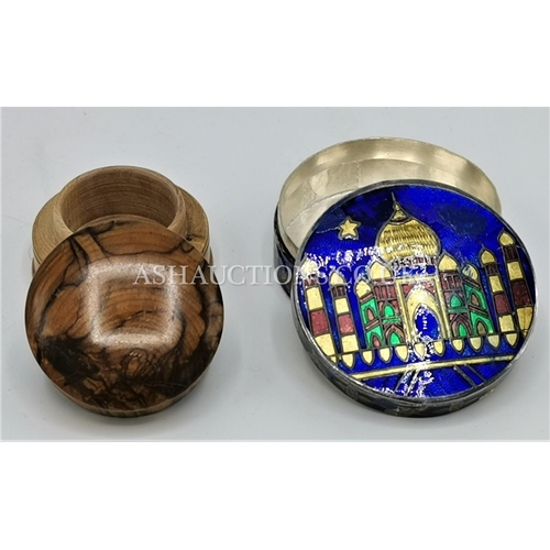 373 - PRESENTED AS A SILVER  (925) ENAMEL TRINKET/PILL BOX TOGETHER WITH A BURR WALNUT EXAMPLE