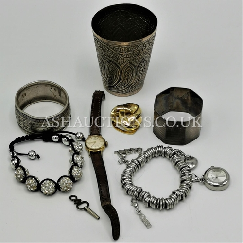 394 - TWO NAPKIN RINGS 1926 & 1903, INDIAN WHITE METAL BEAKER,Etc