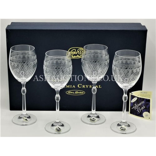 56 - BOHEMIA CRYSTAL (Henry Marchant) (Boxed Set Of Four) ETCHED WINE GLASSES