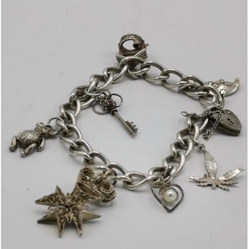 1216 - PRESENTED AS A SILVER CHARM BRACELET (Stamped 925) WITH PADLOCK,SAFETY CHAIN Plus SEVEN CHARMS  (Wei... 