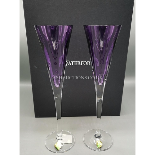 1060 - WATERFORD CRYSTAL (Boxed Set Of Two) W. FERN PURPLE GLASS CHAMPAGNE FLUTES