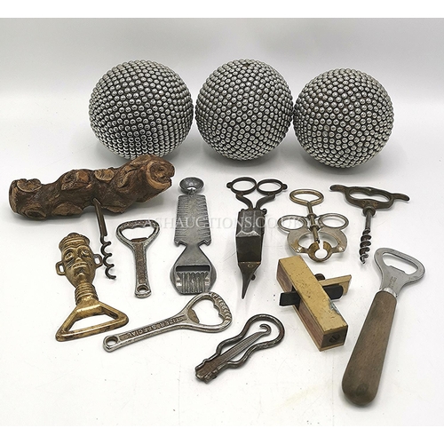 1148 - COLLECTION OF CORKSCREWS,BOTTLE OPENERS,WICK CUTTERS Plus THREE DECORATIVE BALLS (Please Note This L... 