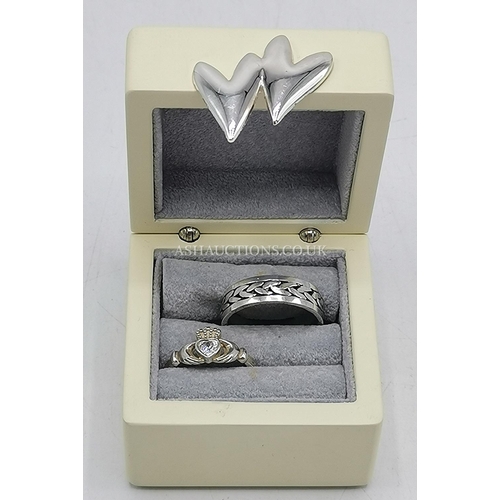 1207 - PRESENTED AS A SILVER (925) CLADDAGH STONE SET ENGAGEMENT RING  (Size R/S) Plus A SILVER (925) CELTI... 