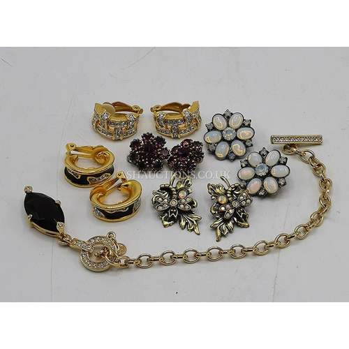 1217 - CLIP ON EARRINGS (Pairs) To Include BUTLER WILSON,KIRKS FOLLY, Etc  Plus STONE SET DESIGNER BRACELET