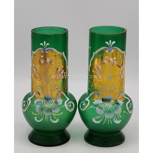 362 - GREEN GLASS 14cm VASES (Pair) (Please Note This LOT IS COLLECT ONLY !!!)