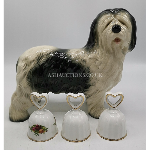 457 - H.WAIN & Sons (Melba Ware) MODEL OF A DOG TOGETHER WITH ROYAL ALBERT CHINA BELLS (3)