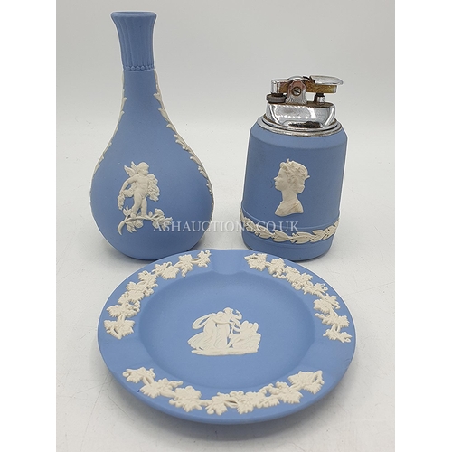 517 - WEDGWOOD  BLUE JASPER WARE ITEMS (3) TABLE CIGARETTE LIGHTER, NARROW NECK VASE, & ASHTRAY