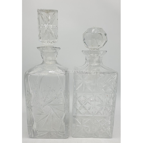 553 - CUT GLASS WHISKY DECANTERS (2), SQUARE (10cm x 10cm) ORIGINAL STOPPERS. (Old). 1 is 28cm high and 1 ... 