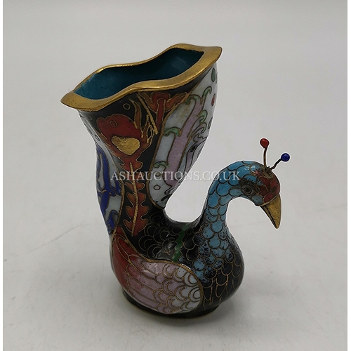 559 - CLOISONNE 7cm PEACOCK SPILL VASE