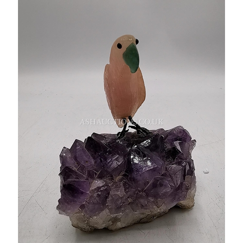 568 - ROSE QUARTZ (Hand Carved) PARROT ON AN AMETHYST GEODE