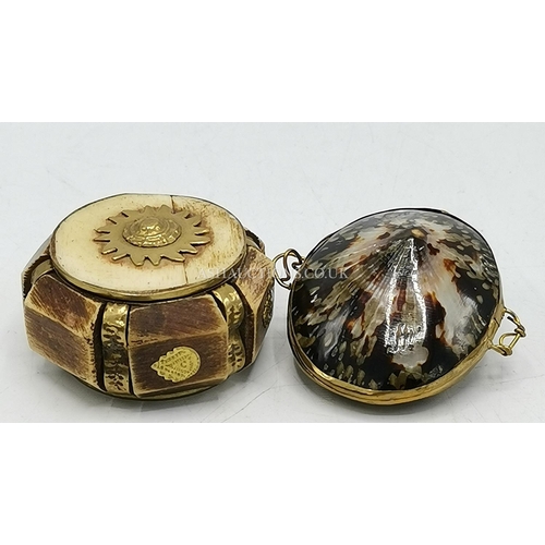 861 - NATURAL SHELL (3cm x 8.5cm x 5cm) PURSE And BONE/BRASS TRINKET BOX