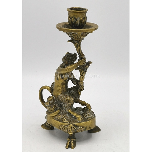 866 - BRASS 17cm FLEMISH CANDLESTICK IN THE FORM OF A FEMALE SATYR