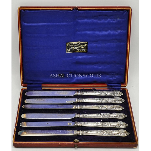 878 - PRESENTED AS A (Leather Cased Set Of Six) SILVER HANDLED FRUIT KNIVES (Hallmarked For Sheffield 1906... 