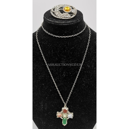 894 - PRESENTED AS A SILVER NECKLACE (Stamped Sterling) WITH SCOTTISH CAIRNGORM CROSS PENDANT TOGETHER WIT... 