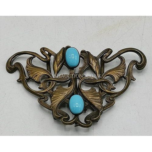 895 - BRONZED METAL BELT BUCKLE WIT TWO TURQUOISE STONES