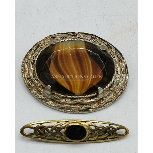 898 - SCOTTISH AGATE BROOCH Plus A BRASS MOUNTED CELTIC STONE ONE