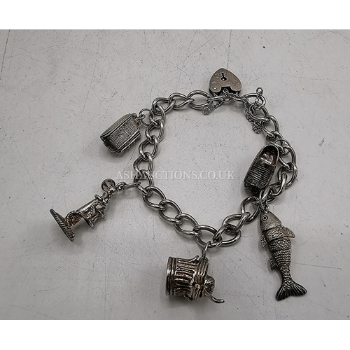 916 - PRESENTED AS A SILVER (Hallmarked) CHARM BRACELET With SAFETY CHAIN & FIVE CHARMS, (Three Charms Are... 