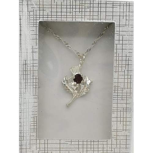 1173 - PRESENTED AS A SILVER (925) SCOTTISH THISTLE /AMETHYST STONE SET PENDANT On SILVER CHAIN  (Boxed)