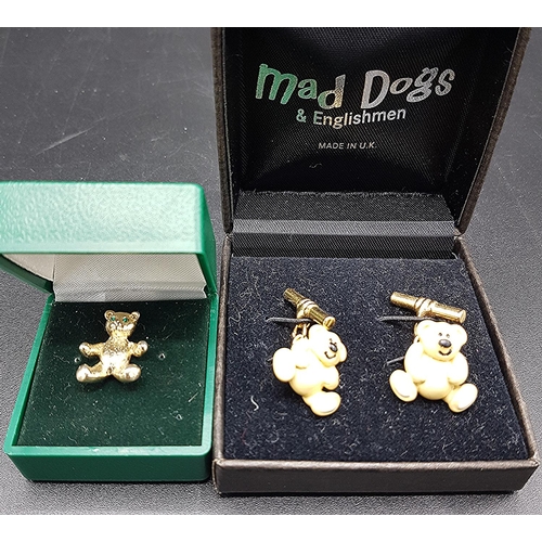 127 - ENAMEL TEDDY BEAR CUFF LINKS Plus YELLOW METAL PIN BADGE