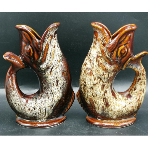 161 - FOSTERS STUDIO CORNWALL BROWN GURGLING FISH JUGS (2)