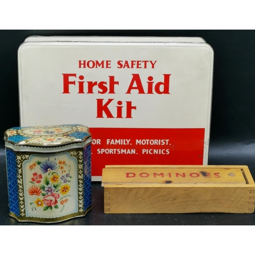 166 - FIRST AID TIN, WRIGHTS BISCUIT TIN & SET OF DOMINOES